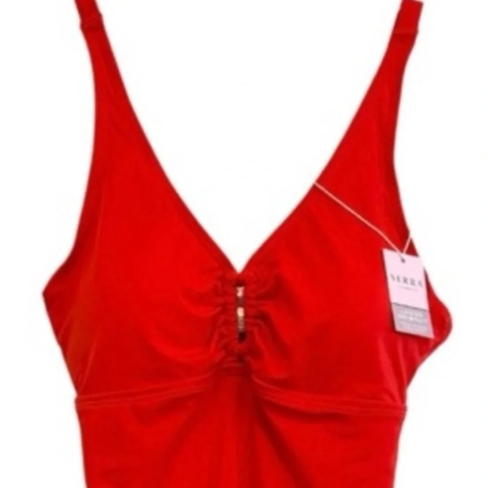 Swimsuit Slimming One Piece Plunge V Neckline Sunset Coral Red Orange Size Small